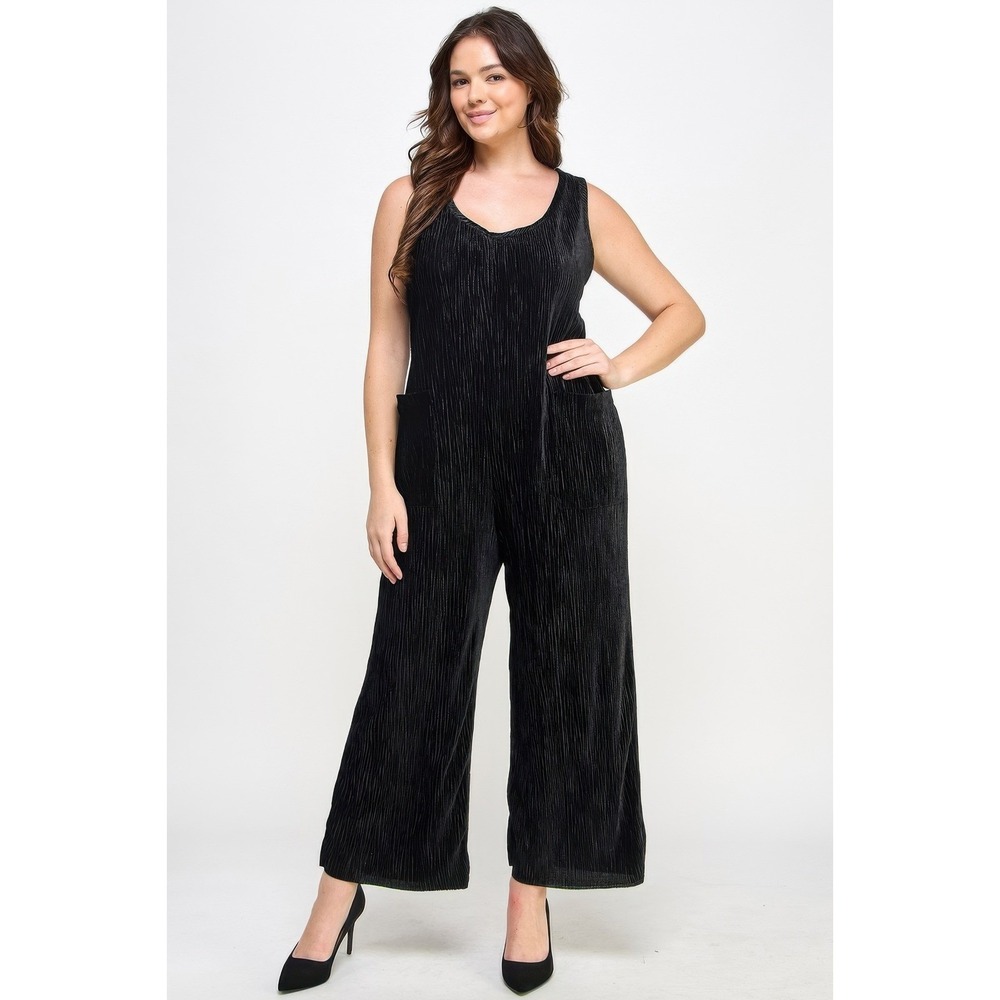 Plus Size Velvet plisse overall‎ jumpsuit
